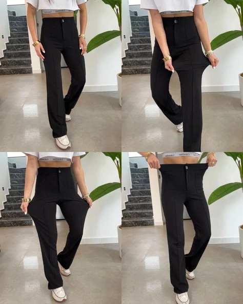 Kadın Yüksek Bel Full Likralı Krep Kumaş Pantolon - 5