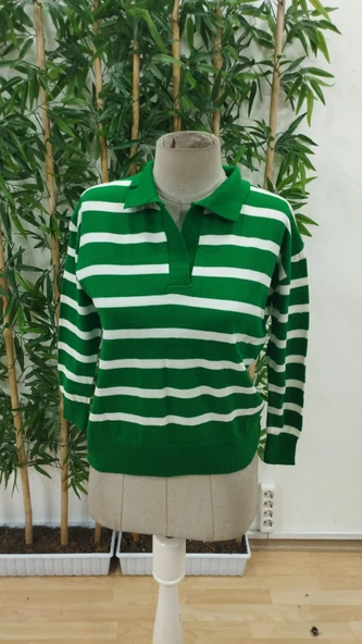 Kadın Uzun Kollu V Yaka çizgili Triko Bluz - 4