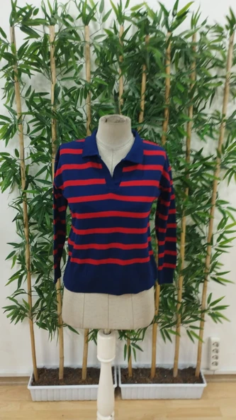 Kadın Uzun Kollu V Yaka çizgili Triko Bluz - 4