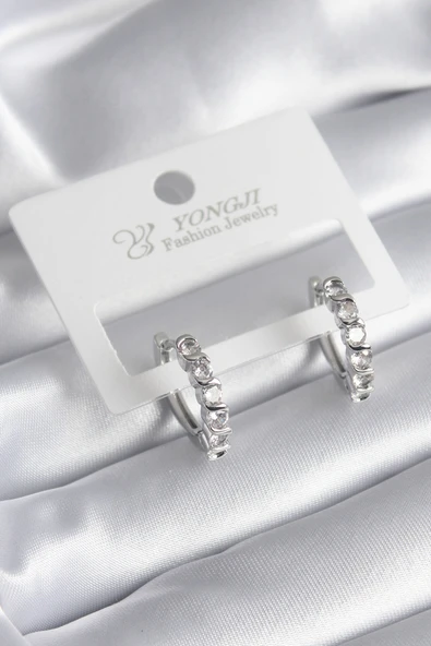 Pirinç Gümüş Renk Zirkon Taşlı Halka Model Kadın Küpe ürün görseli 1