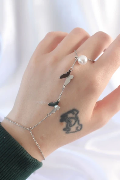 316L Çelik Gümüş Renk İnci Detay Kelebek Tasarımlı Şahmeran - Resim 2