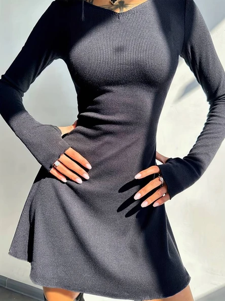 Kadın Uzun Kollu Bisiklet Yaka Kısa Kaşkorse Elbise - 4