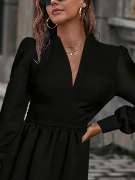 Kadın Uzun Kollu V Yaka Belden Hafif Pileli Scuba Krep Mini Boy Elbise - 2