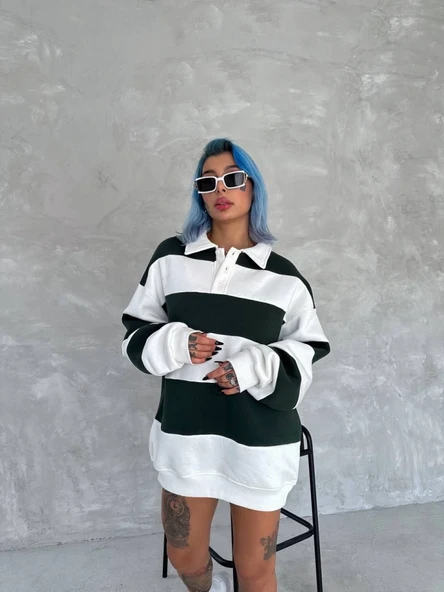 Unisex Üç İplik Parçalı Yakalı SweatShirt - Yeşil - 3