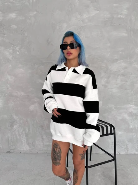 Unisex Üç İplik Parçalı Yakalı SweatShirt - Siyah - 4