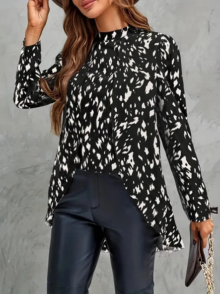 Kadın Uzun Kollu Yarı Balıkçı Yaka Desenli Dokuma Bluz - 3