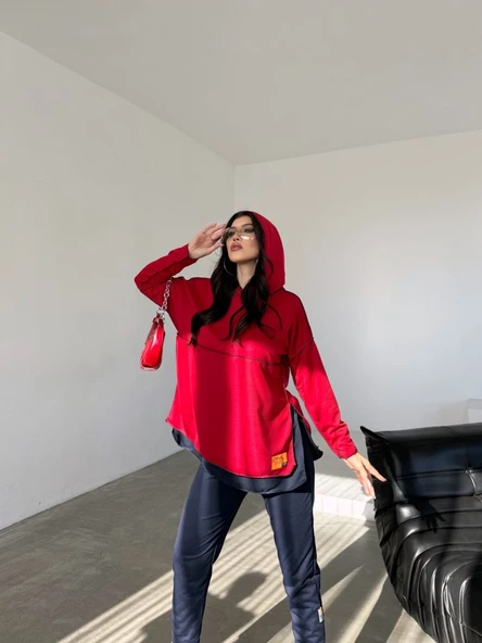 Kadın Kırmızı Kapşonlu Etek Ucu Detay Arma Ters Dikiş Gorunumlu Ikili Takım - 8