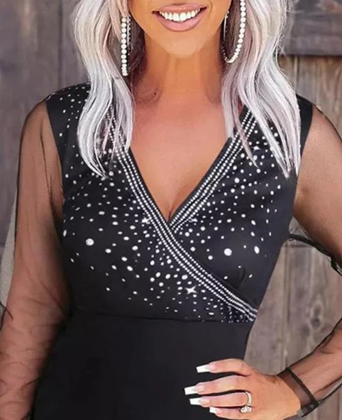 Kadın Uzun Kollu Kruvaze Yaka üst Kısım Taşlı Detay Krep Mini Boy Elbise - 3