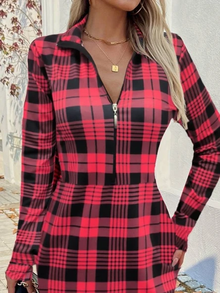 Kadın Uzun Kollu Fermuarlı Ekose Baskılı Dalgıç Elbise - 2