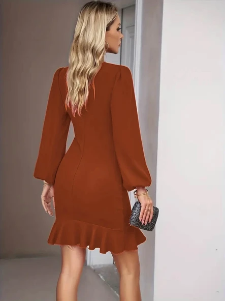 Kadın Uzun Kollu Bisiklet Yaka önden Volanlı Ithal Krep Elbise - 3