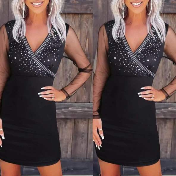 Kadın Uzun Kollu Kruvaze Yaka üst Kısım Taşlı Detay Krep Mini Boy Elbise - 2