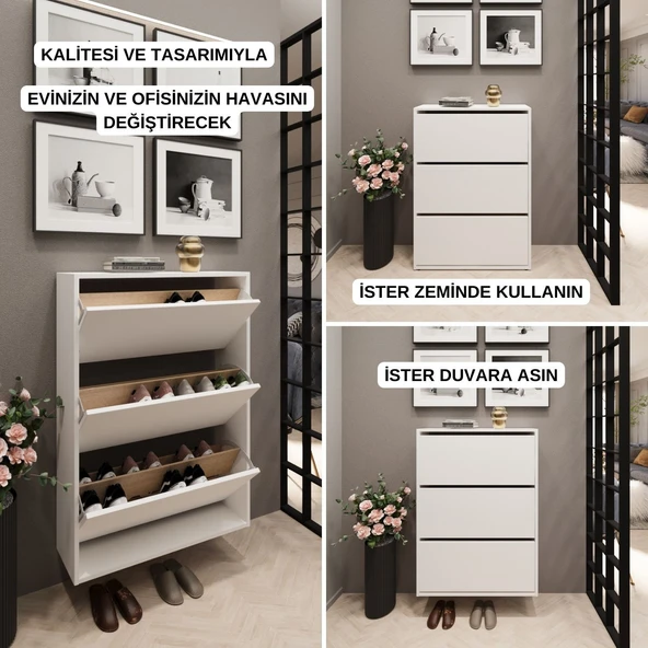 Erc Shuba Düşer Kapak 3 Raflı Duvara Monte Edilebilir Ayakkabılık Beyaz - 2