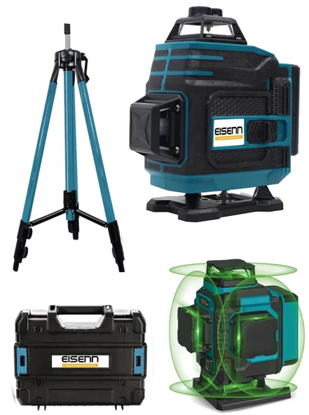 Eisenn Germany Otomatik Hizalamalı 360 Derece Yeşil Lazer Çizgi Terazi 12 Köşe 2 Akülü Tripod Ayak Hediyeli - 3