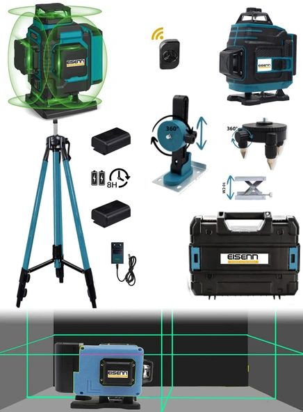 Eisenn Germany Otomatik Hizalamalı 360 Derece Yeşil Lazer Çizgi Terazi 12 Köşe 2 Akülü Tripod Ayak Hediyeli - 2