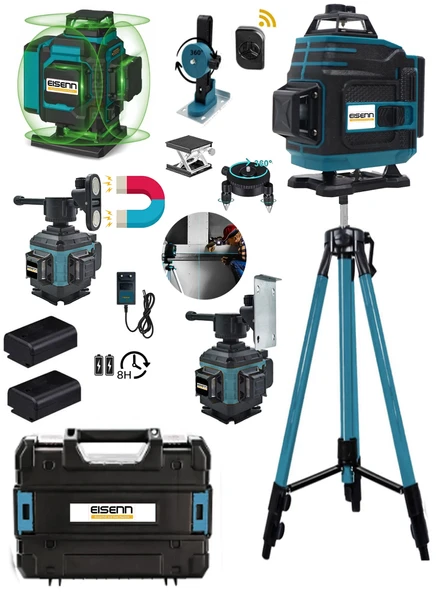Eisenn Germany Otomatik Hizalama 16 Köşe 360° Yeşil Lazer Çizgi Hizalama Terazi Çantalı Tripod Ayak Hediye - 2