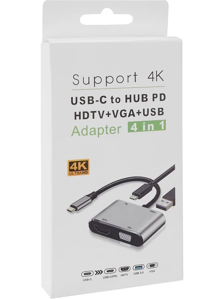 Hytech HY-USBC22 4 in 1 Type C to, PD+HDMI+VGA+USB3.0 Çevirici Hub Adaptör