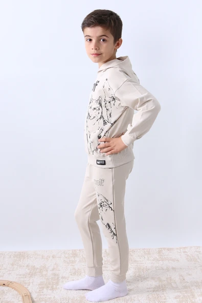 ERKEK ÇOCUK KAPŞONLU EŞOFMAN TAKIMI 4 MEVSİM WOLF BASKILI RİBANALI F12 - Resim 3