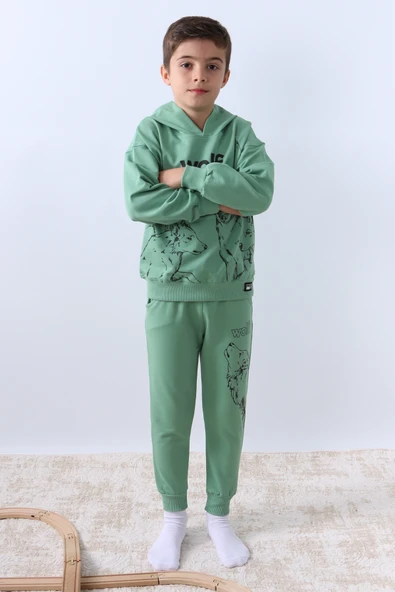 ERKEK ÇOCUK KAPŞONLU EŞOFMAN TAKIMI 4 MEVSİM WOLF BASKILI RİBANALI F12 - Resim 12