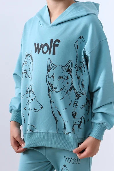 ERKEK ÇOCUK KAPŞONLU EŞOFMAN TAKIMI 4 MEVSİM WOLF BASKILI RİBANALI F12 - Resim 8