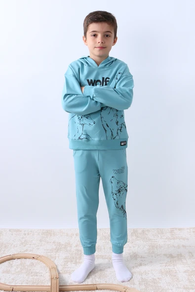 ERKEK ÇOCUK KAPŞONLU EŞOFMAN TAKIMI 4 MEVSİM WOLF BASKILI RİBANALI F12 - Resim 6