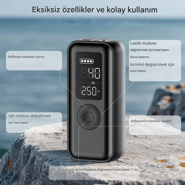 Elektrikli hava pompası 150 psi 6000 mAh pilli hava pompası, LCD gerçek zamanlı lastik basıncı izleme, LED'li ve USB çıkışlı bisiklet, araba, basketbol - 7