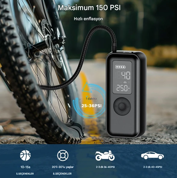 Elektrikli hava pompası 150 psi 6000 mAh pilli hava pompası, LCD gerçek zamanlı lastik basıncı izleme, LED'li ve USB çıkışlı bisiklet, araba, basketbol - 2