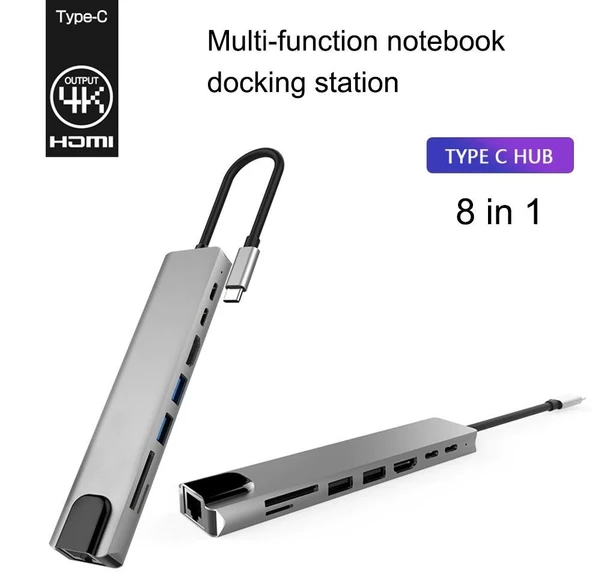 Alfais 4681 Type C To Hdmi Usb 3.0 Sd MicroSD 8in1 Kart Rj45 Ethernet Çevirici Dönüştürücü Adaptör - 3