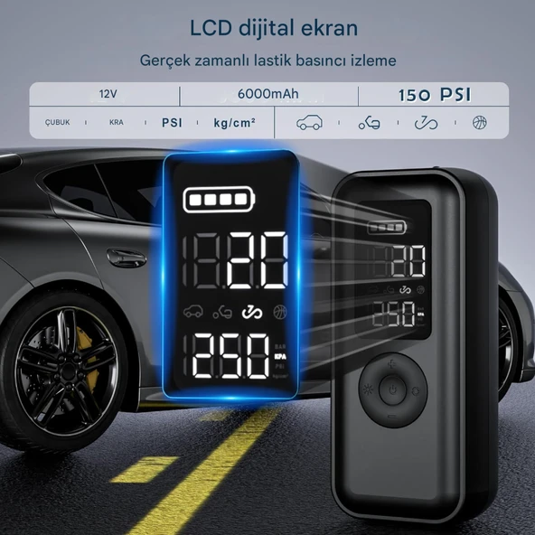 Elektrikli hava pompası 150 psi 6000 mAh pilli hava pompası, LCD gerçek zamanlı lastik basıncı izleme, LED'li ve USB çıkışlı bisiklet, araba, basketbol - 3