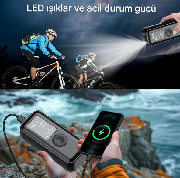 Elektrikli hava pompası 150 psi 6000 mAh pilli hava pompası, LCD gerçek zamanlı lastik basıncı izleme, LED'li ve USB çıkışlı bisiklet, araba, basketbol - 8