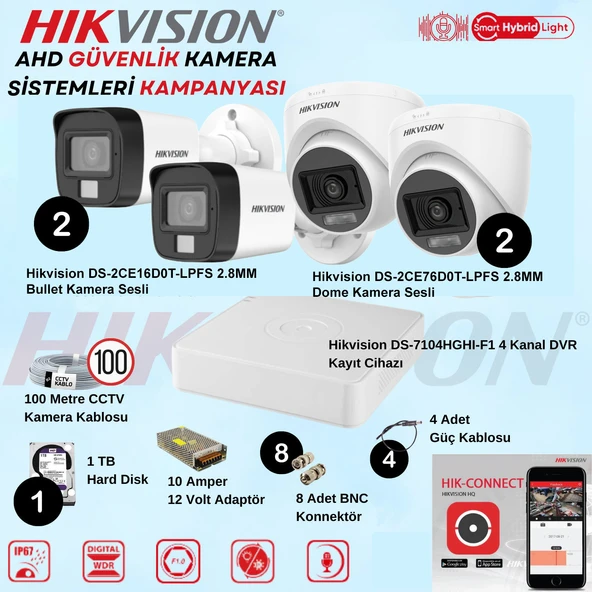 Hikvision Sesli Smart Hybrid Light AHD 2 Adet Dome 2 Adet Bullet Kamera 2 Mp Güvenlik Kamera Seti