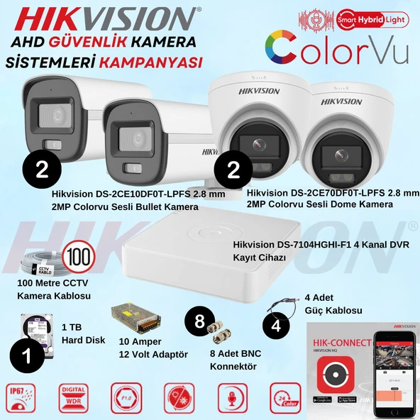 Hikvision Sesli Smart Hybrid Light AHD 2 Adet Dome 2 Adet Bullet 2 Mp Güvenlik Kamera Seti