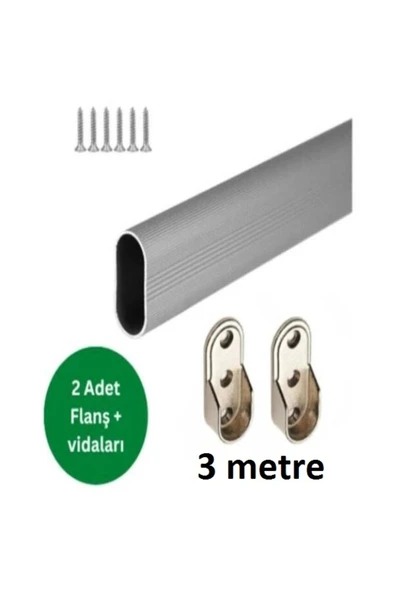 Oval Alüminyum 0-3m Dolap Içi Askı Borusu 2 Adet METAL Flanş Ve Vidaları
