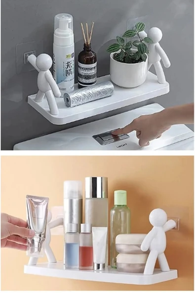 Sevimli İnsan Motifli Banyo Mutfak Ofis Baharat Rafı Kendinden Yapışkanlı Çöp Adam Rafı - 2