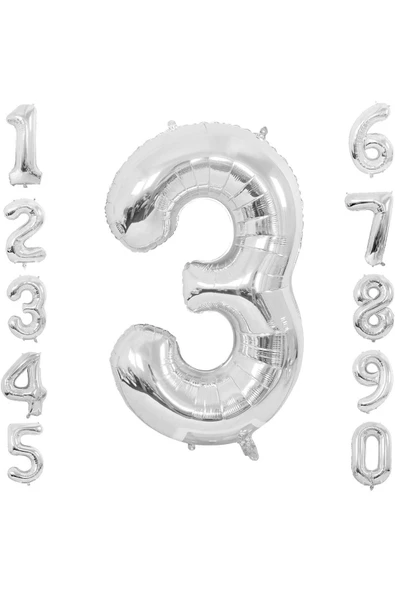 Gümüş  Folyo Balon 3 Rakam 100 cm (40 İnç)  3 Yaş Balonu - 3 Yaş Balon - 3 Rakam Balon
