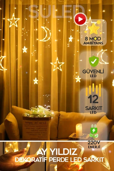 Ay Yıldız Perde Led 8 Fonksiyonlu Saçaklı Perde Led