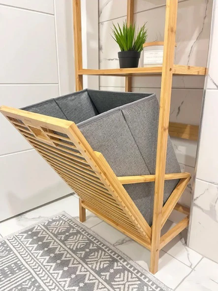Bambu 3 Raflı Kirli Sepeti Çok Amaçlı Banyo Düzenleyici Organizer Raf - 5