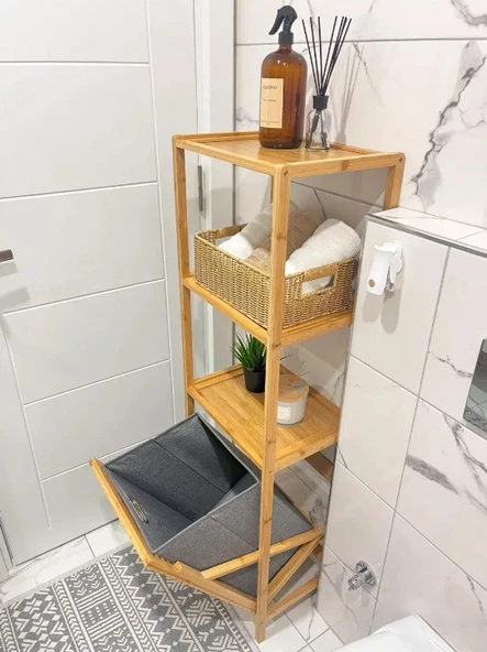 Bambu 3 Raflı Kirli Sepeti Çok Amaçlı Banyo Düzenleyici Organizer Raf - 6