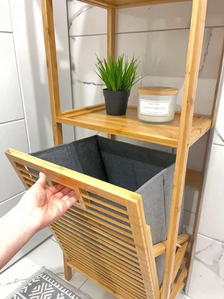 Bambu 3 Raflı Kirli Sepeti Çok Amaçlı Banyo Düzenleyici Organizer Raf - 4