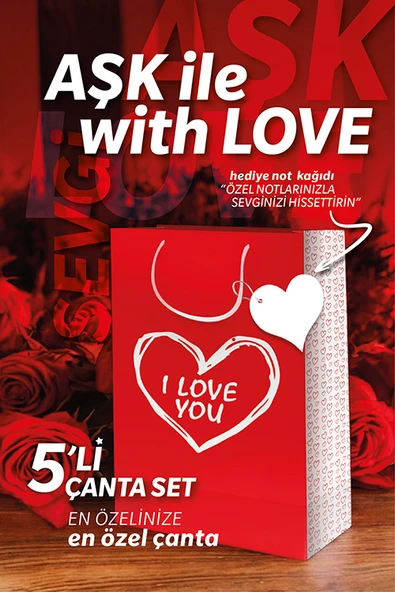 Sevgililer Günü 5’li Karton Çanta Özel Günler Aşk Sevgiliye Hediye Poşeti Love Yeni Yıl Kutlama