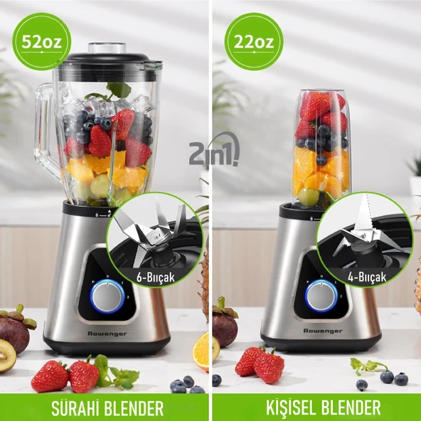Rowenger 2in1 Inox 1.5lt Cam Hazneli Sürahili Smoothie Blender 600ml Kişisel Blender - 2