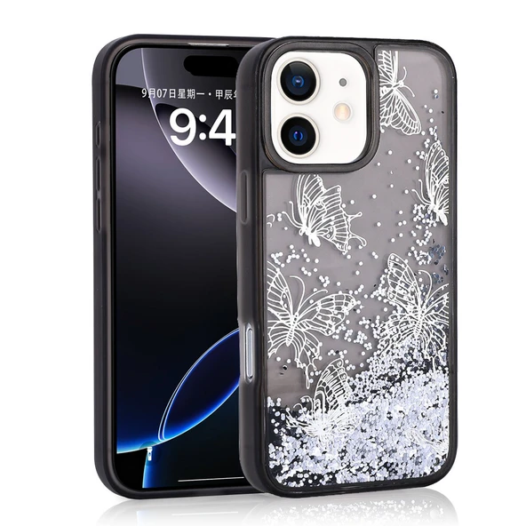 iPhone 12 Kılıf Sıvılı Simli Kelebek Baskılı Şeffaf Arka Yüzey Glis Silikon Kapak - Resim 2