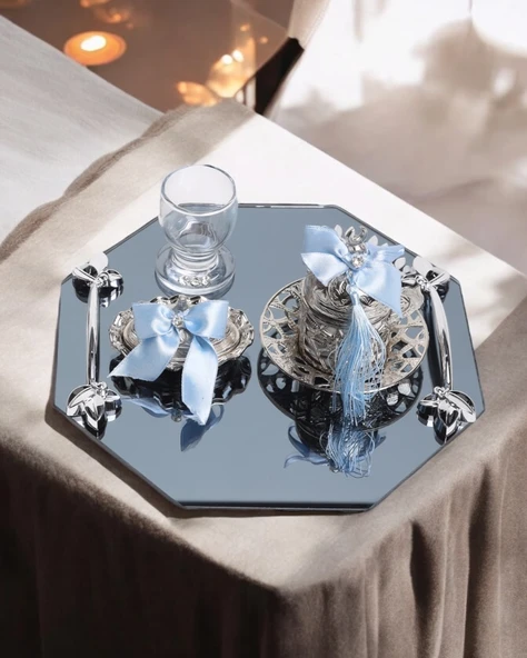 Affinity Nişan Kahve Tepsisi Gümüş  mavi