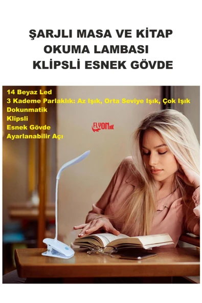 Şarj Edilebilir Klipsli Kitap Okuma Işığı 14 Led Kitap Arası Okuma 3 Modlu Işık Mandallı Lamba Masa - 3