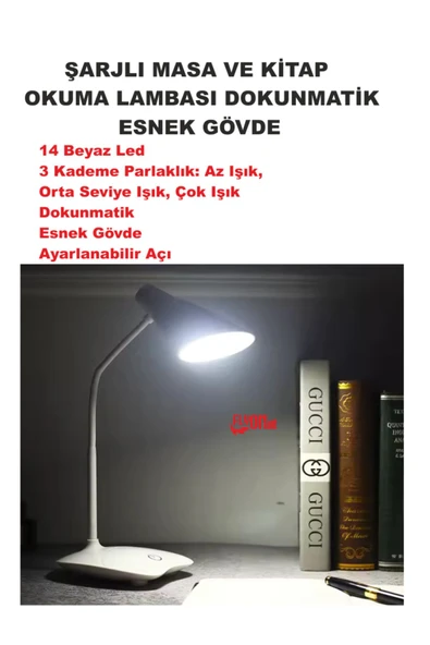 Şarj Edilebilir Dokunmatik Masa Lambası  Kitap Okuma Işığı Led Çalışma  Okuma 3 Modlu Kademe Işık - 2