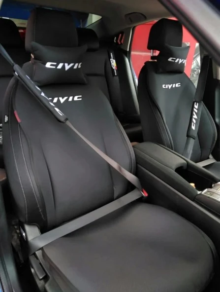 Honda Cıvıc Nakışlı Ön İkili Oto Koltuk Minderi 2 Adet Boyun Yastığı 2 Adet Kemer Pedi - 2