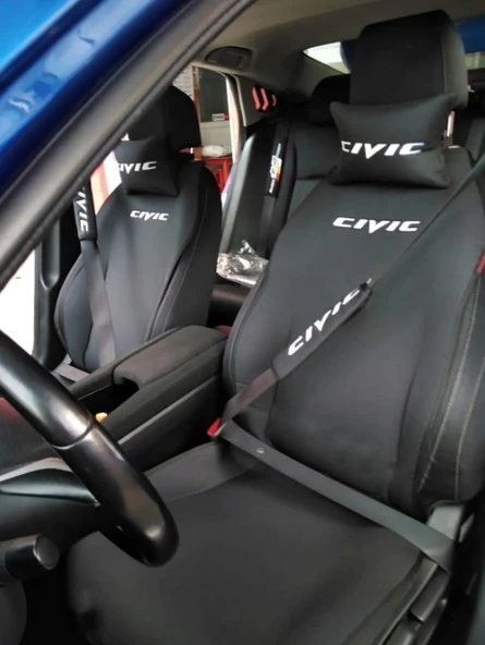 Honda Cıvıc Nakışlı Ön İkili Oto Koltuk Minderi 2 Adet Boyun Yastığı 2 Adet Kemer Pedi - 1