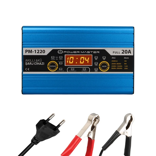 POWERMASTER PM-1220 12 VOLT MAX 20 AMPER LCD EKRANLI KURU - ASİT - JEL AKÜ ŞARJ CİHAZI