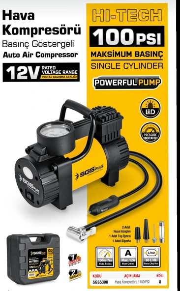 SGS ARAÇ HAVA KOMPRESÖRÜ 12V 100 PSI (BASINÇ GÖSTERGELİ) - 2