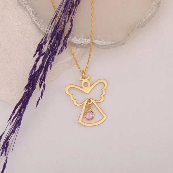 925 Ayar Gümüş Pembe Taşlı Hareli Melek Kolye - Resim 3