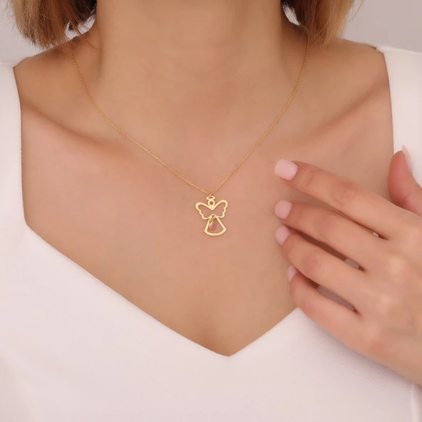 925 Ayar Gümüş Pembe Taşlı Hareli Melek Kolye - Resim 2